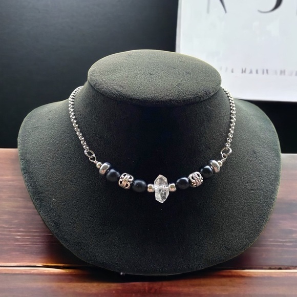 Genuine herkimer diamond & onyx choker necklace - Picture 2 of 16